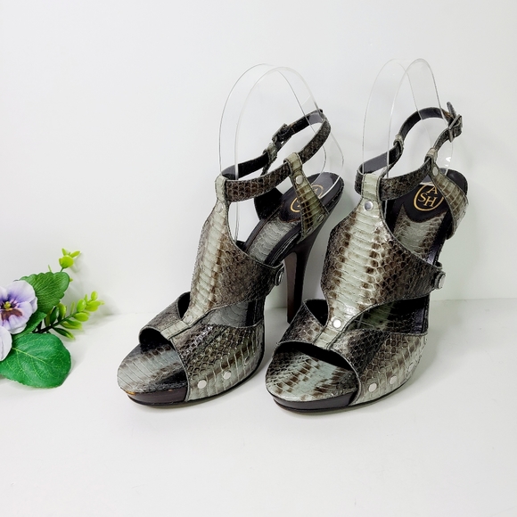 Ash Patent Leather Gray Reptile Snakeksin Platform Heels - Picture 1 of 10